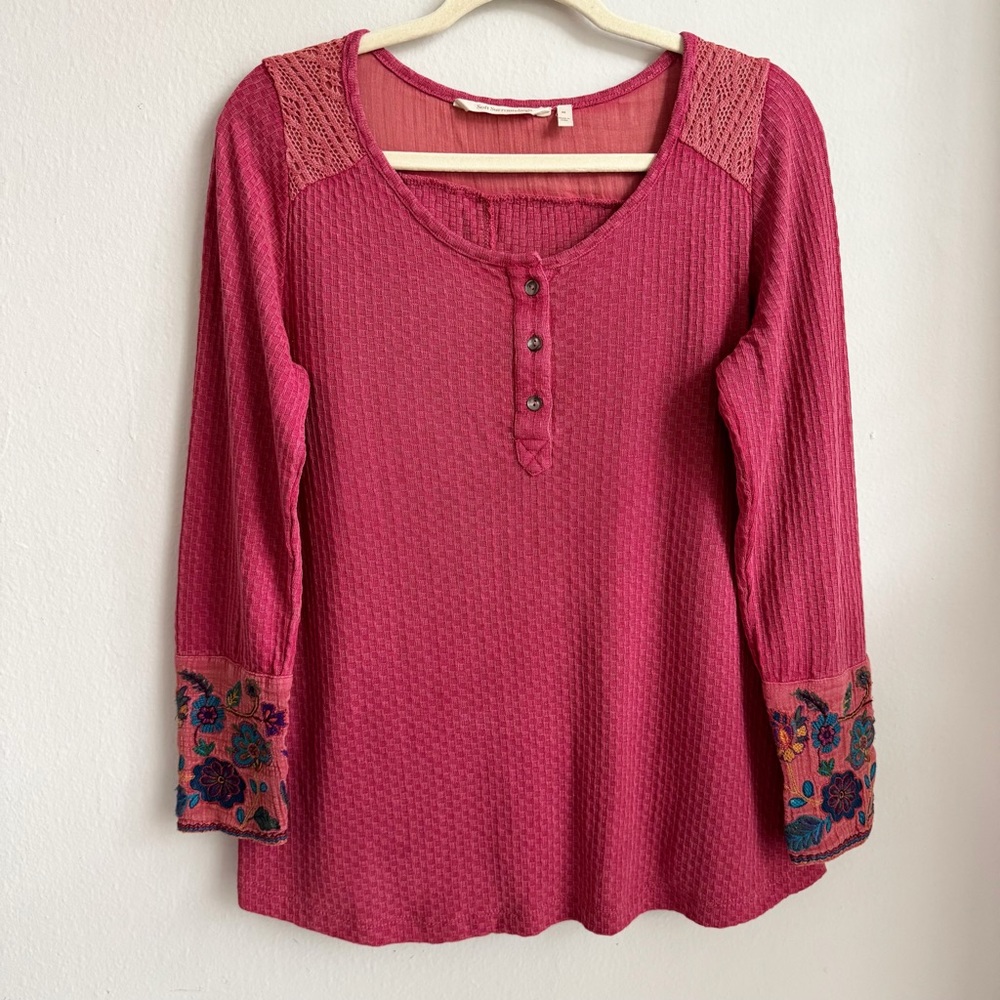 Soft Surroundings Palmer Embroidered Cuff Long Sleeve Knit Top
